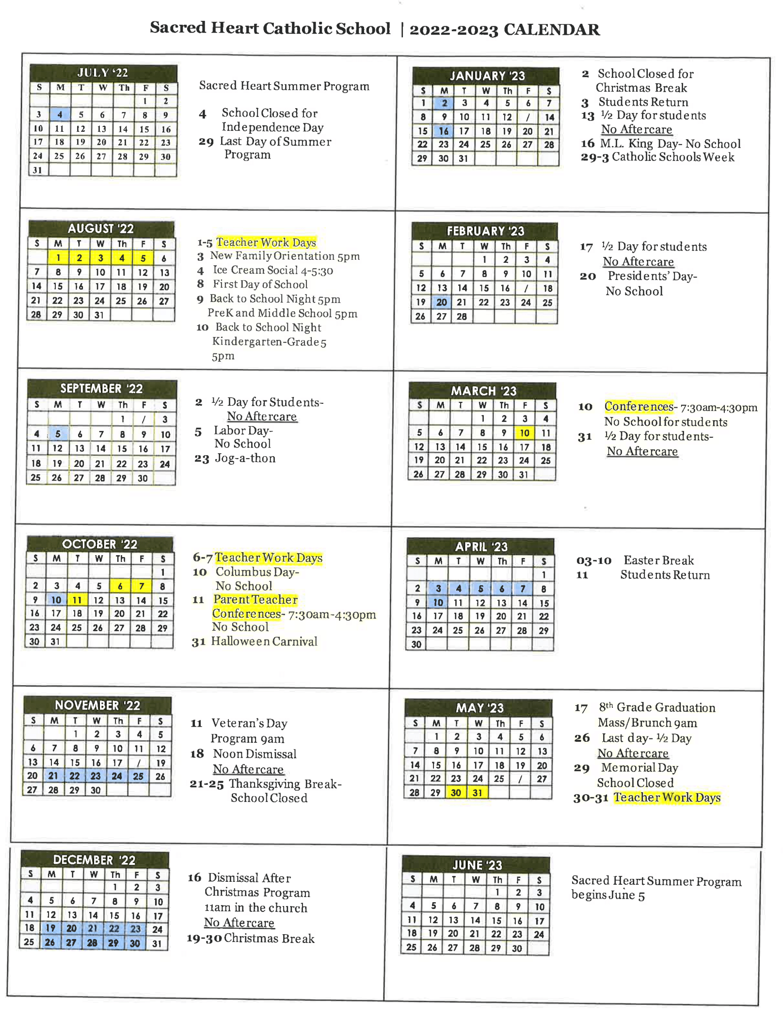 School Calendar 22231 Sacred Heart Catholic school
